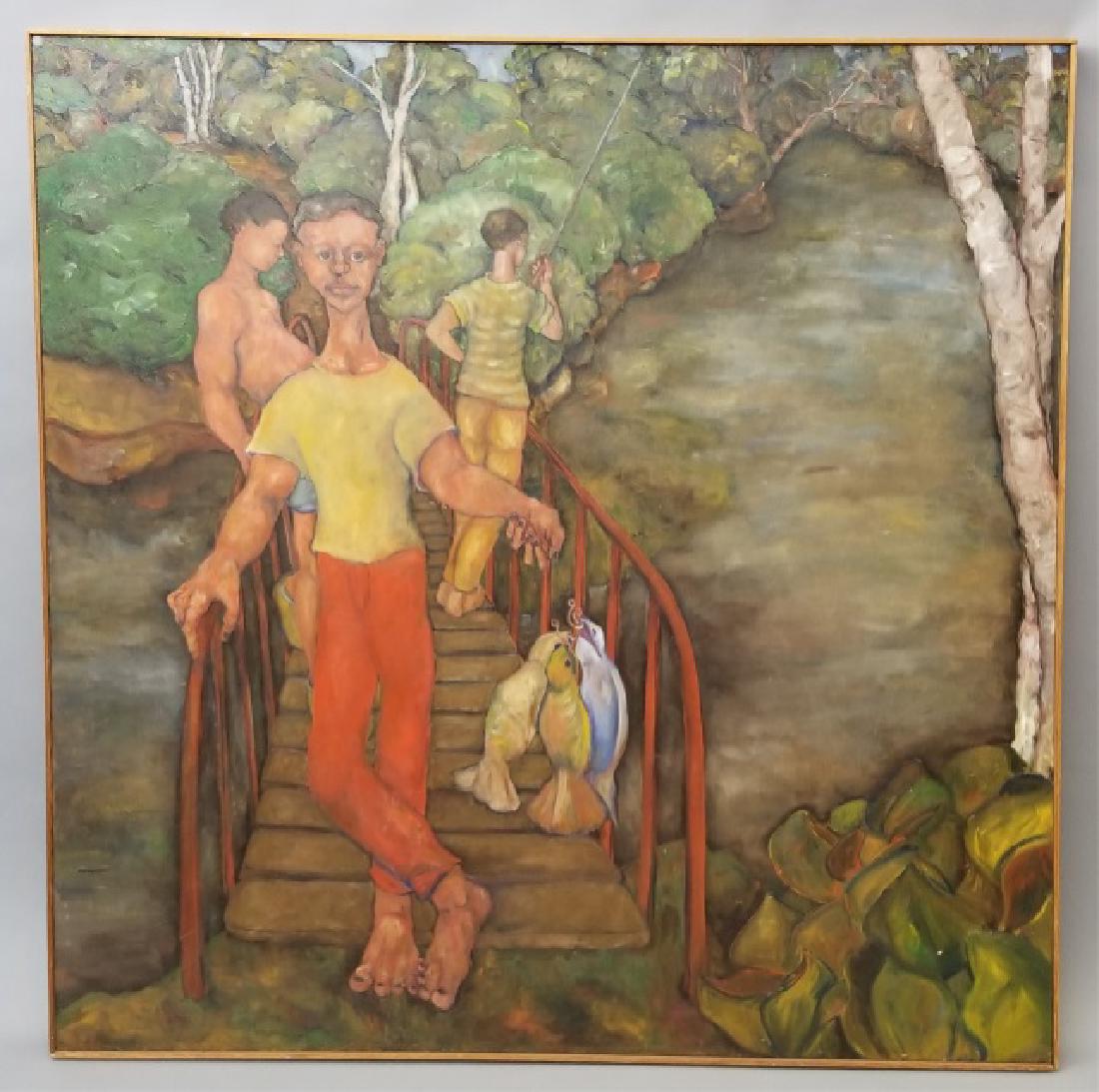 Signed Acrylic Painting on Canvas of New Haven CT: Signed on the back by Karen Englander, dated 1982 - a large Acrylic Painting on Canvas of East Rock Park in New Haven, Connecticut. Measures 50 inches square.