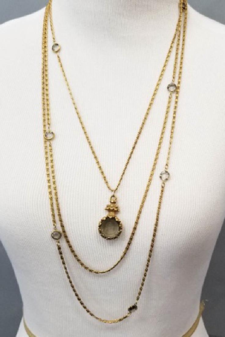 Goldette Vintage 3 Tier Intaglio Crystal Necklace: Goldette Vintage 3 Tier Intaglio Crystal / Rhine Stone Necklace. Clasp is signed. Measures 34 inches at longest tier.