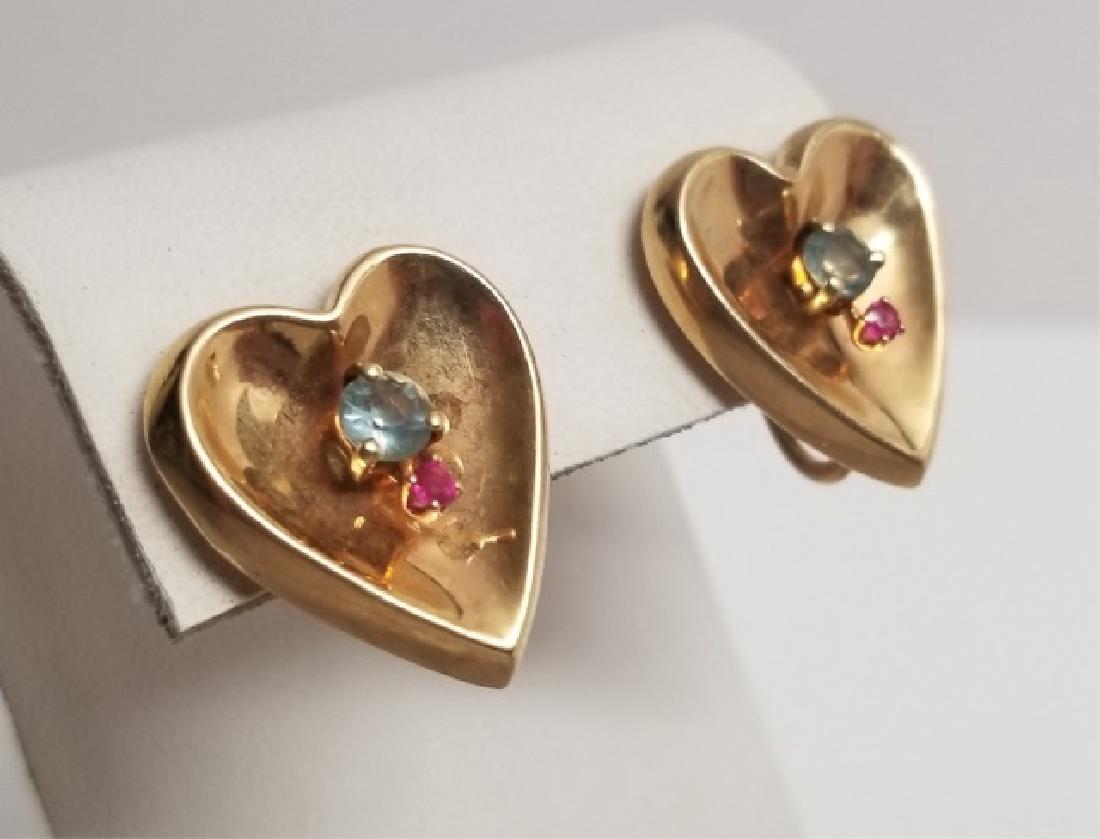 Estate 14kt Yellow Gold Aqua & Ruby Heart Earrings (1 of 8)