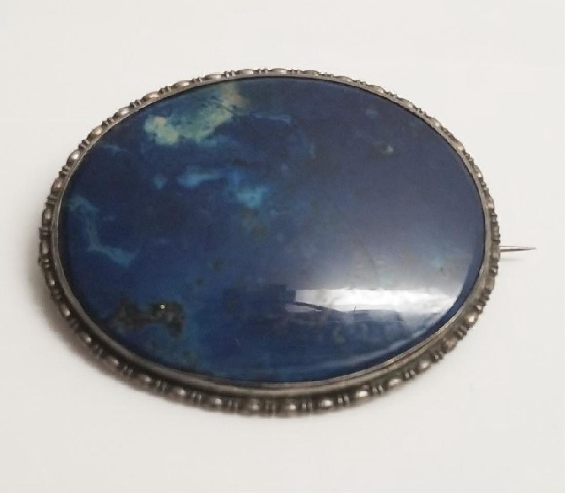 Antique Art Deco 800 Silver Blue Jasper Brooch: Large Estate Antique Art Deco 800 Silver Blue Jasper Brooch. Measures 2 inches in width.