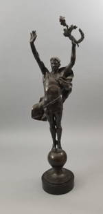 Evelyn Longman 1901 Signed Victory Bronze Statue: Evelyn Longman 1901 Signed Victory Bronze Statue. Signed Evelyn B Longman 1901. Greco Roman style man with wreath standing atop a globe, base is slate or black marble. Evelyn Beatrice Longman (Novembe