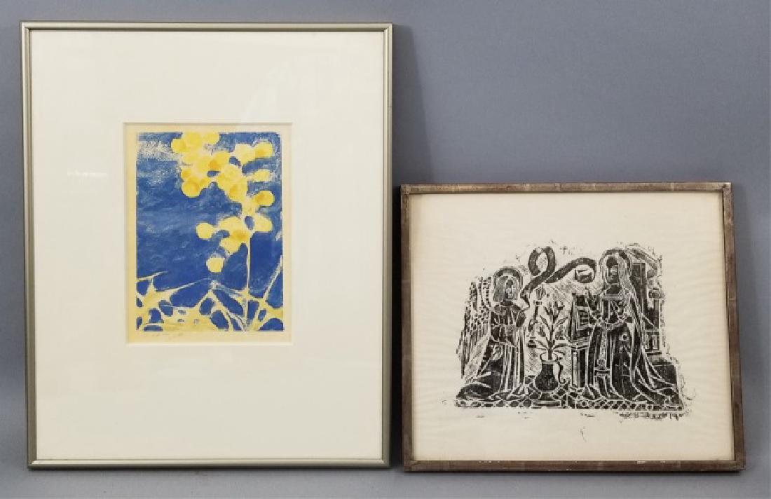 2 Art Items: Older Brass Rubbing & Floral Painting (1 of 10)