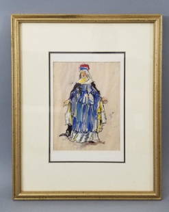 Alexandre Benois Russian Painted Costume Sketch: Hand-Painted Female Theatrical Costume Design Gouache Sketch by Russian/French artist Alexandre Benois (born Russia, 1870-1960). Measures 22 x 18 inches. 2 in this auction in separate lots.