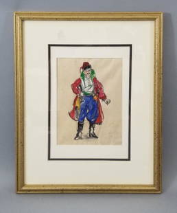 Alexandre Benois Russian Painted Costume Sketch: Hand-Painted Male Theatrical Costume Design Gouache Sketch by Russian/French artist Alexandre Benois (born Russia, 1870-1960). Signed LR and bearing hand-written notations. Measures 22 x 18