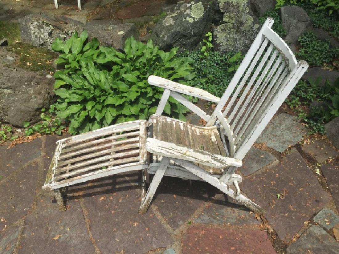 Antique Carved Wood Ship Deck Lounge Chair: Antique Carved Wood Ship Deck Lounge Chair. Detachable ottoman portion. Wear to white paint. Measures 39 x 27 x 50 inches when both pieces are together.