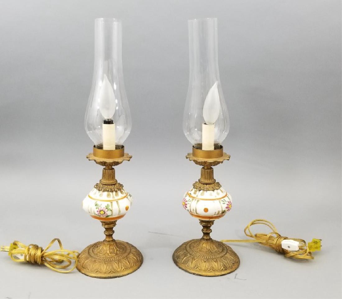 Pair Gilt Ormolu & Majolica Lamps w Hurricanes (1 of 6)
