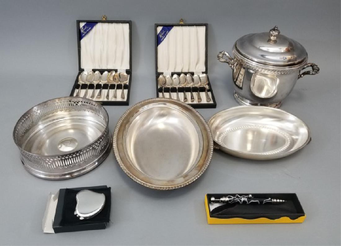 Collection of Silver Plated Items Incl Sheffield: Collection of 7 Silver Plated Items Including 2 boxed sets of Sheffield tea spoons, a handled ice bucket, 2 serving pieces and a Jean-Pierre Lepine pen. Ice bucket measures 8 x 9.5 inches and has a gl