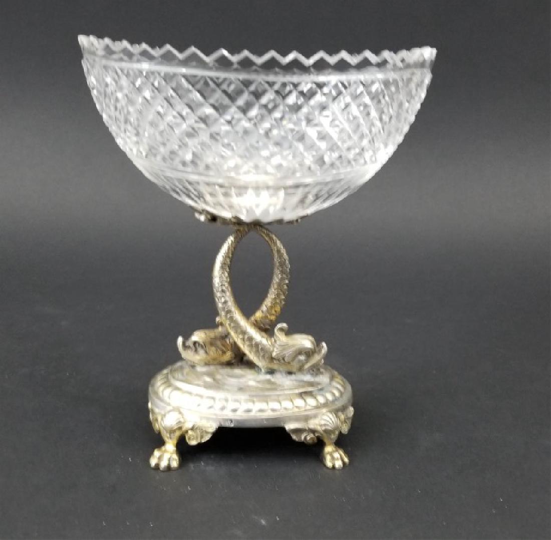 Antique Russian Crystal Silver Serpent Caviar Bowl: Antique Russian Crystal Silver Serpent Caviar Compote. Hallmarked in several places. Marked for Grachev. Claw feet, double sea serpent, some gilt wash. Measures 6 inches in height.