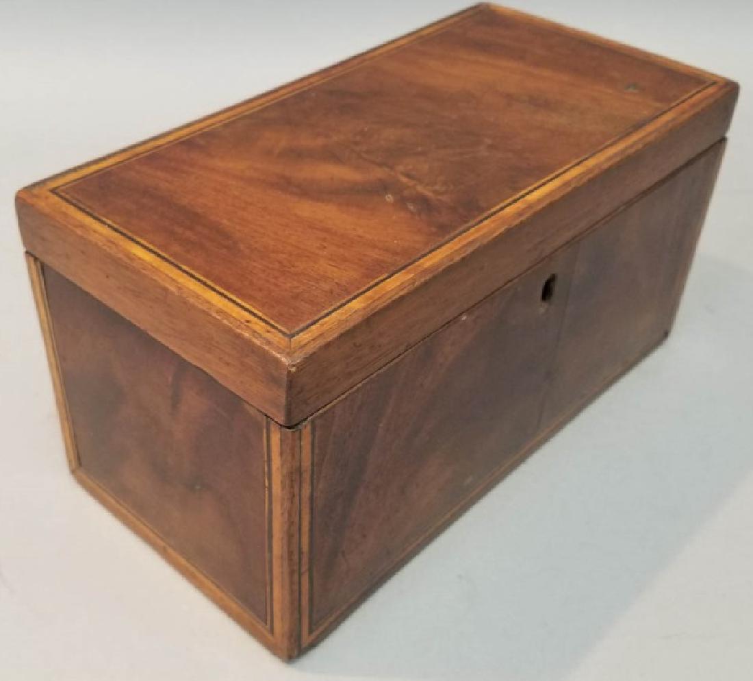 Antique 19th C Burl Wood & Inlay English Tea Caddy: Antique 19th C Burl Wood & Inlay English Tea Caddy. Banded top border. Interior with three compartments with carved bone finials. Measures 4.75 x 9 x 4.5 inches.