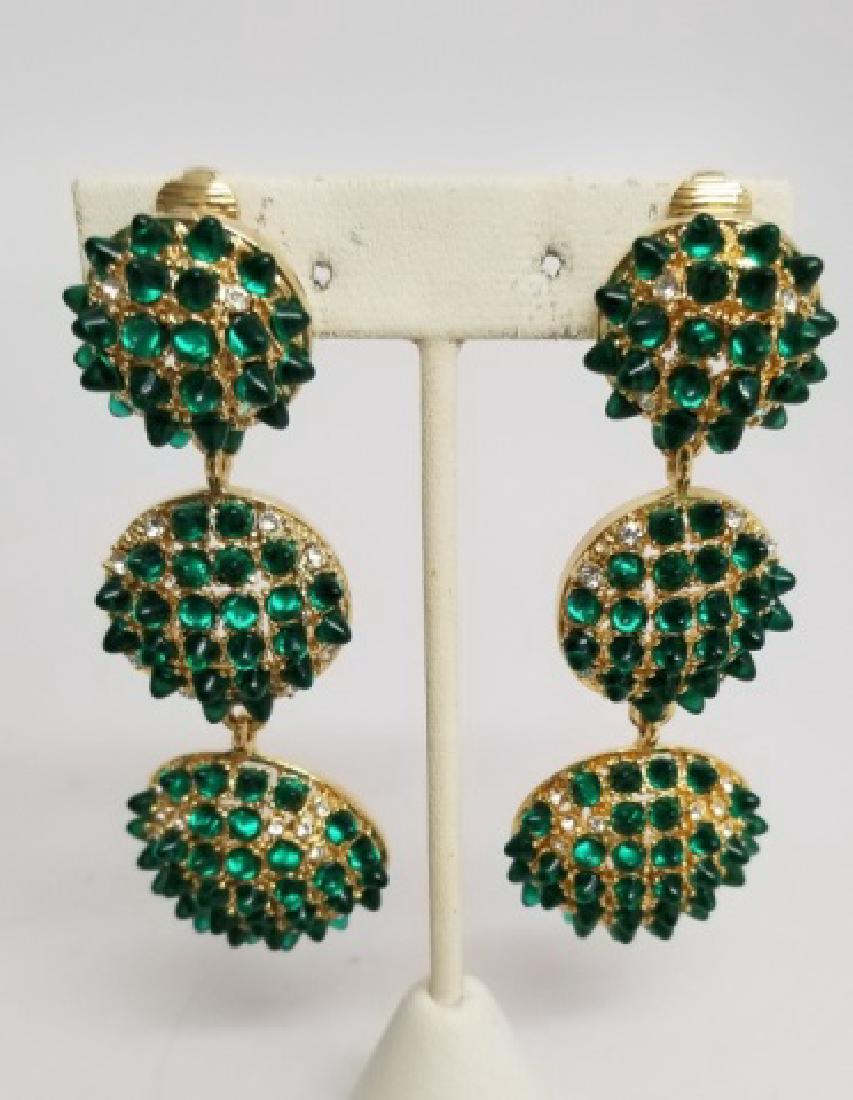 Triple Dangle Gilt-Dome Earrings wPaste Emeralds (1 of 9)