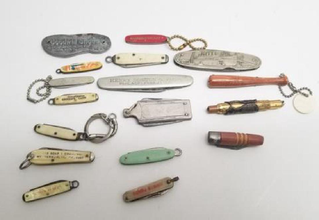 Antique & Vintage Advertising Pocket Knives: Antique & Vintage Advertising Pocket Knives. Advertising companies and products. Some figural. Largest measures 3.25 inches in length.