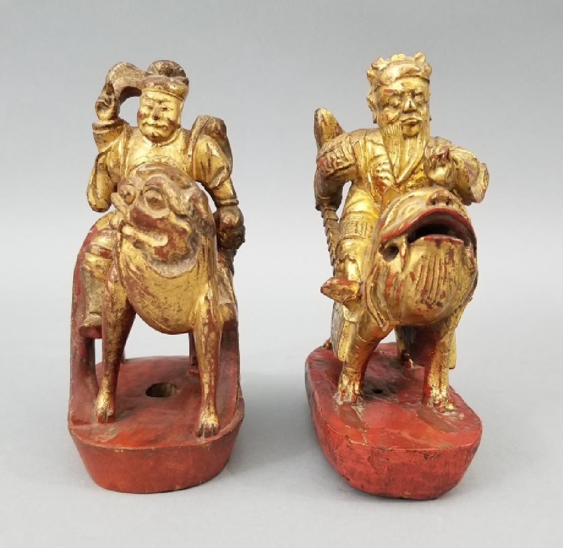 Pr Chinese Hand Carved Gilt Wood Warrior Statues (1 of 8)