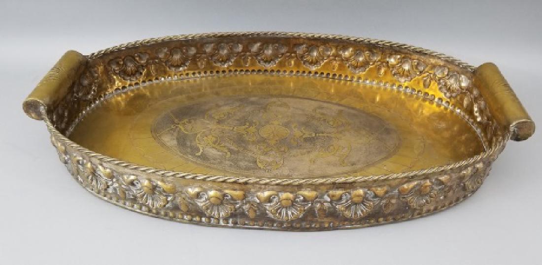 Large Repousse Brass Serving Tray w Handles (1 of 8)