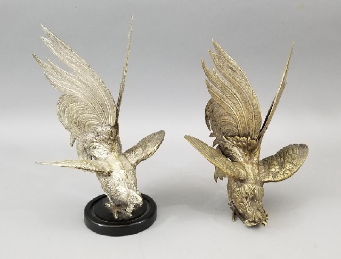 Pair Chinese Silvered Bronze Cock Fighting Statues (1 of 7)