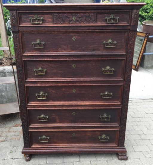 Antique Victorian Carved Oak Tall Chest Of Drawers