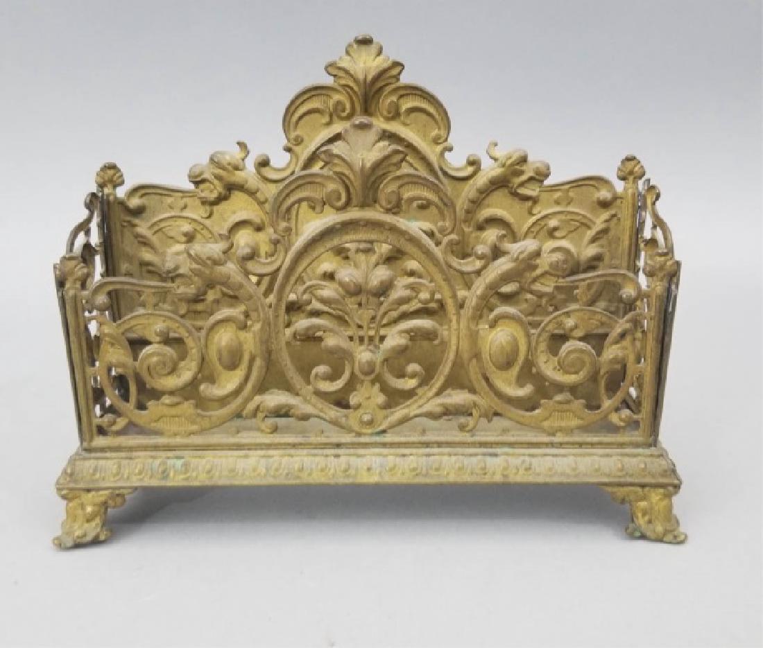 Victorian 19th C Ormolu Gargoyle Letter Holder: Antique Victorian 19th C Ormolu Gargoyle Letter Holder / Desk Stationary Holder. Measures 6.5 x 8 x 2.5 inches.
