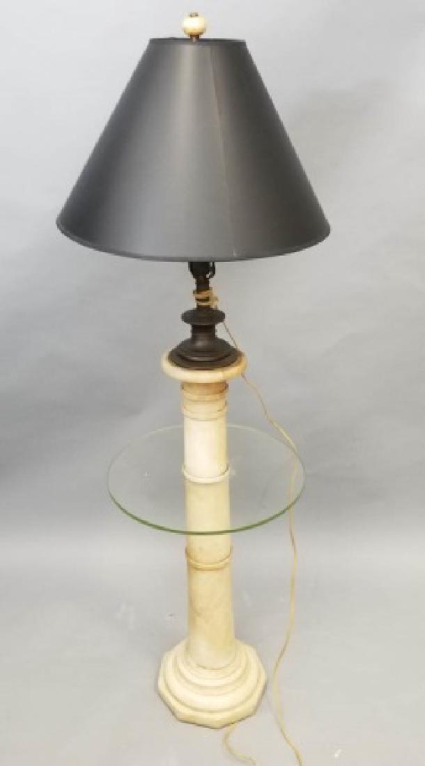 Antique Carved Alabaster Pedestal Mounted as Lamp: Antique Carved Alabaster Pedestal Mounted as Lamp w Round Glass Shelf. Measures 60 x 17 inches.