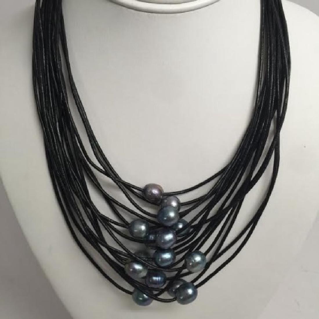 Black Leather & Tahitian Style Pearl Necklace (1 of 5)