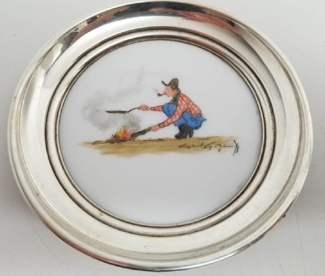 Sterling Silver Hand Painted Porcelain Wine Caddy: Sterling Silver Hand Painted Porcelain Wine Caddy / Coaster for Bottle. Hand painted and signed. Hallmarked. Measures 4.75 inches in diameter.