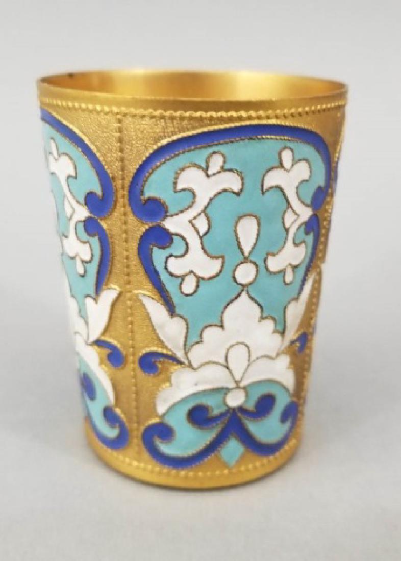 Russian Gilt & Cloisonne Enamel Vodka Cup: Russian Gilt & Cloisonne Enamel Vodka Cup. Hallmarked. Measures 2.5 inches in height.
