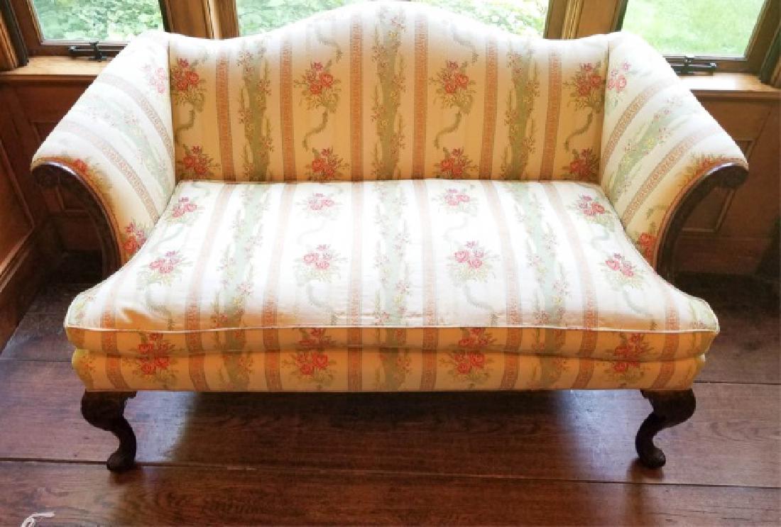 Antique Carved Leg Camel Back Damask Fabric Sofa (1 of 6)