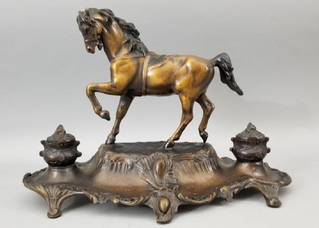 Large Bronze Horse Double Inkwell Desk Statue