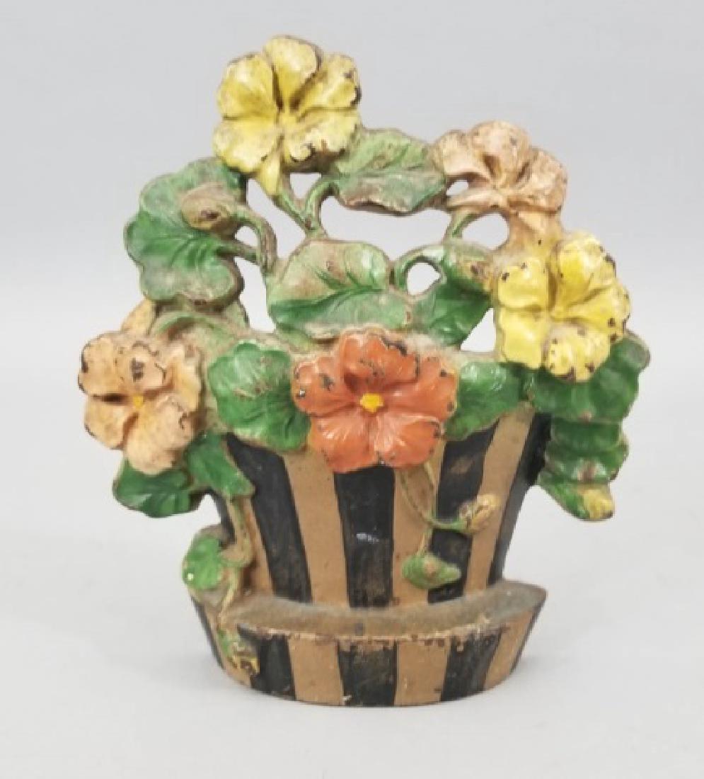 Antique Hand Painted Cast Floral Basket Door Stop (1 of 7)