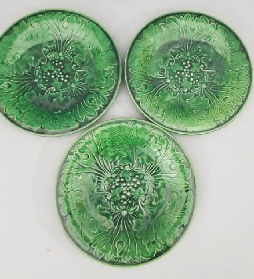 Three Antique Green Majolica Leaf / Flower Plates (1 of 6)