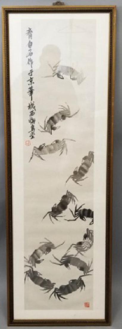 Framed & Signed Chinese Watercolor Scroll of Crabs (1 of 5)