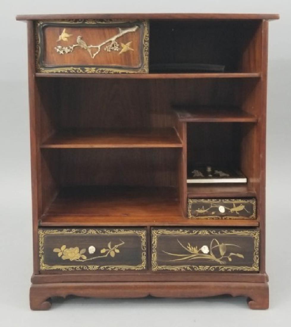 Carved Hand Painted & Bone Inlay Asian Jewelry Box: Carved Hand Painted & Bone Inlay Asian Jewelry Box. Having open shelves, sliding door and drawers. Measures 15 x 13 x 7.5 inches.