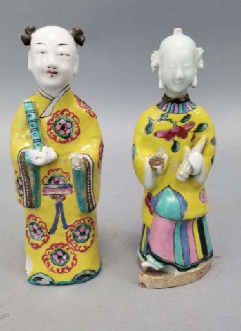Pair Antique Chinese Hand Painted Porcelain Statue: Pair Antique Chinese Hand Painted Porcelain Statues / Figurines. Court couple in robes. Each approximately 6.5 inches in height. From the collection of Count Rudolf Anton Bernatschke of Austria.