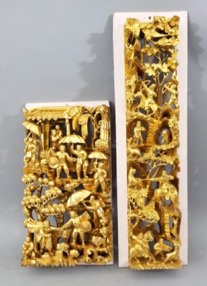 Two Hand Carved Chinese Gilt Wood Plaques (1 of 9)