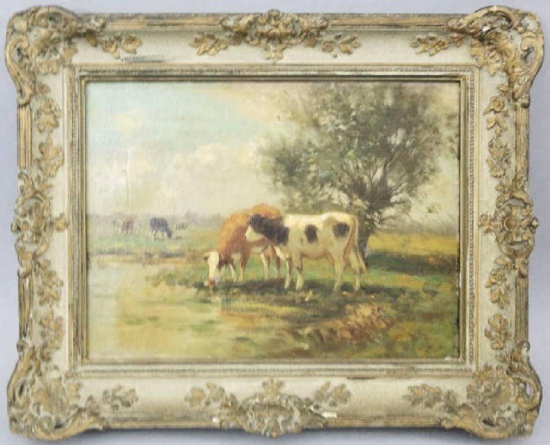 Antique Oil on Canvas Painting of Cows at a Stream (1 of 8)