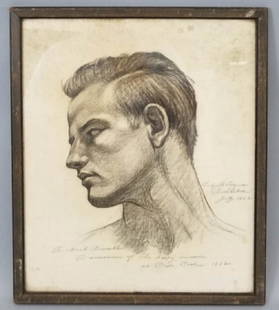 Conte Crayon Drawing by Evelyn Longman of Man: Conte Crayon Drawing by Evelyn Longman of Man. Inscribed to Nick Bissell in memory of their summer on Cape Cod. Evelyn Beatrice Longman (Batchelder) (b. Ohio, 1874 - 1954) was an assistant to