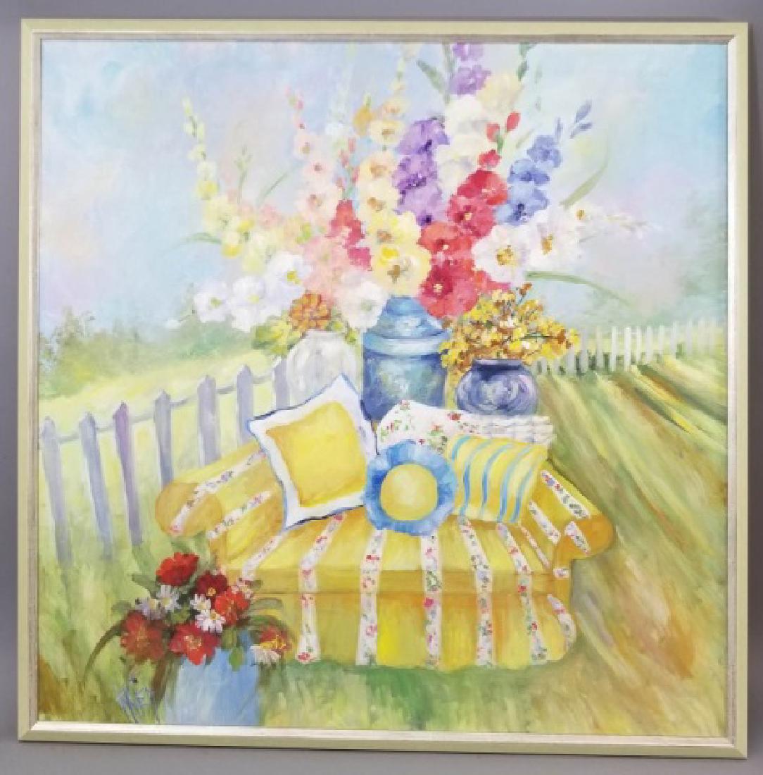 Virginia Knight Oil on Canvas Floral Contemporary: Virginia Knight Oil on Canvas Floral Contemporary Impressionist Plein Air Scene. Signed LL. Entitled "Yellow Sofa with Glads" en verso. Framed, measures 38 x 38 inches. A companion piece is in this sa