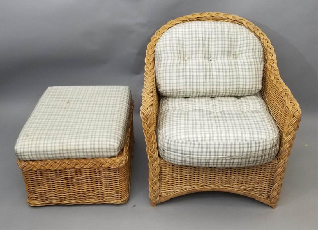 Woven Rattan Chair & Ottoman Blue & White Cushions (1 of 6)