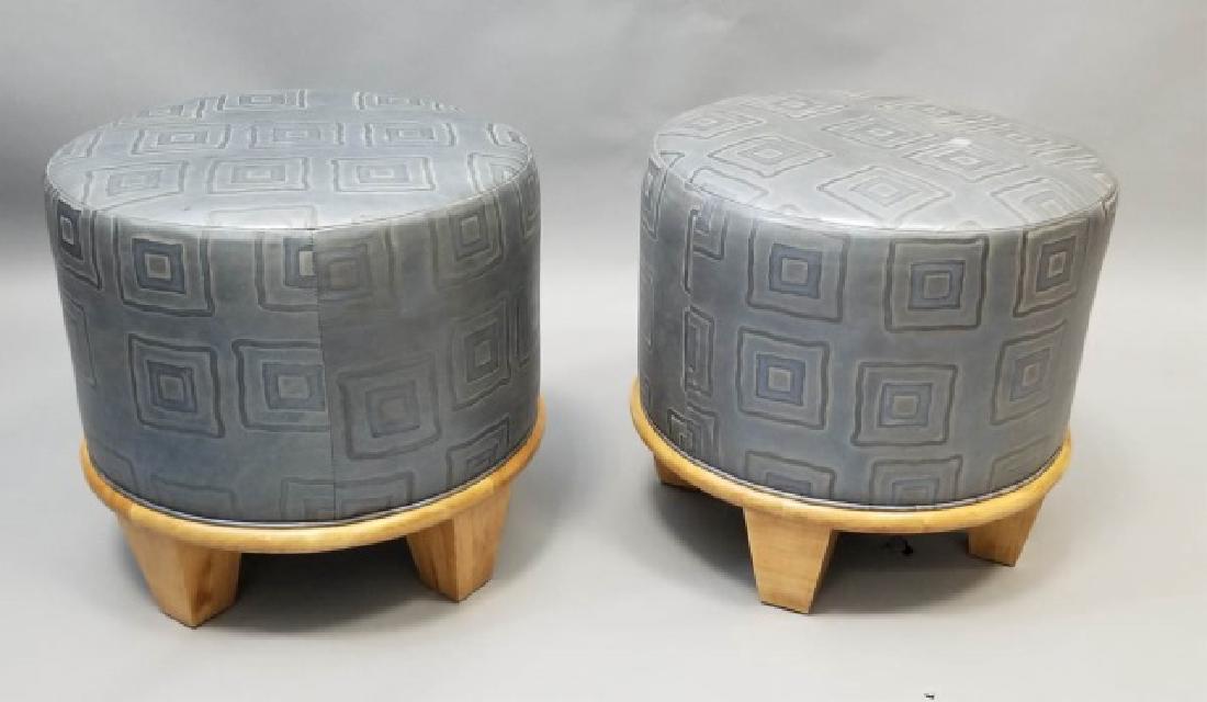 Pair of MCM Wood Base Leather Patterned Stools (1 of 7)