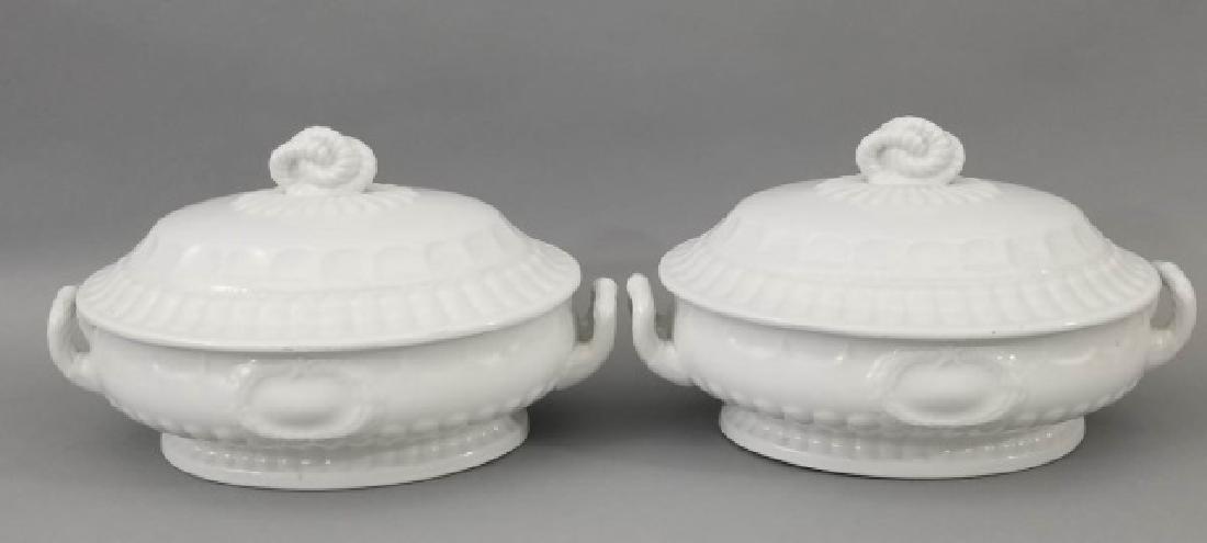 Pair Antique English 19th C Elsmore Forster Tureen: Pair of Antique English 19th C Elsmore & Forster Tureens. Ironstone. Marked on bottoms. Each measures 8 x 11 inches.