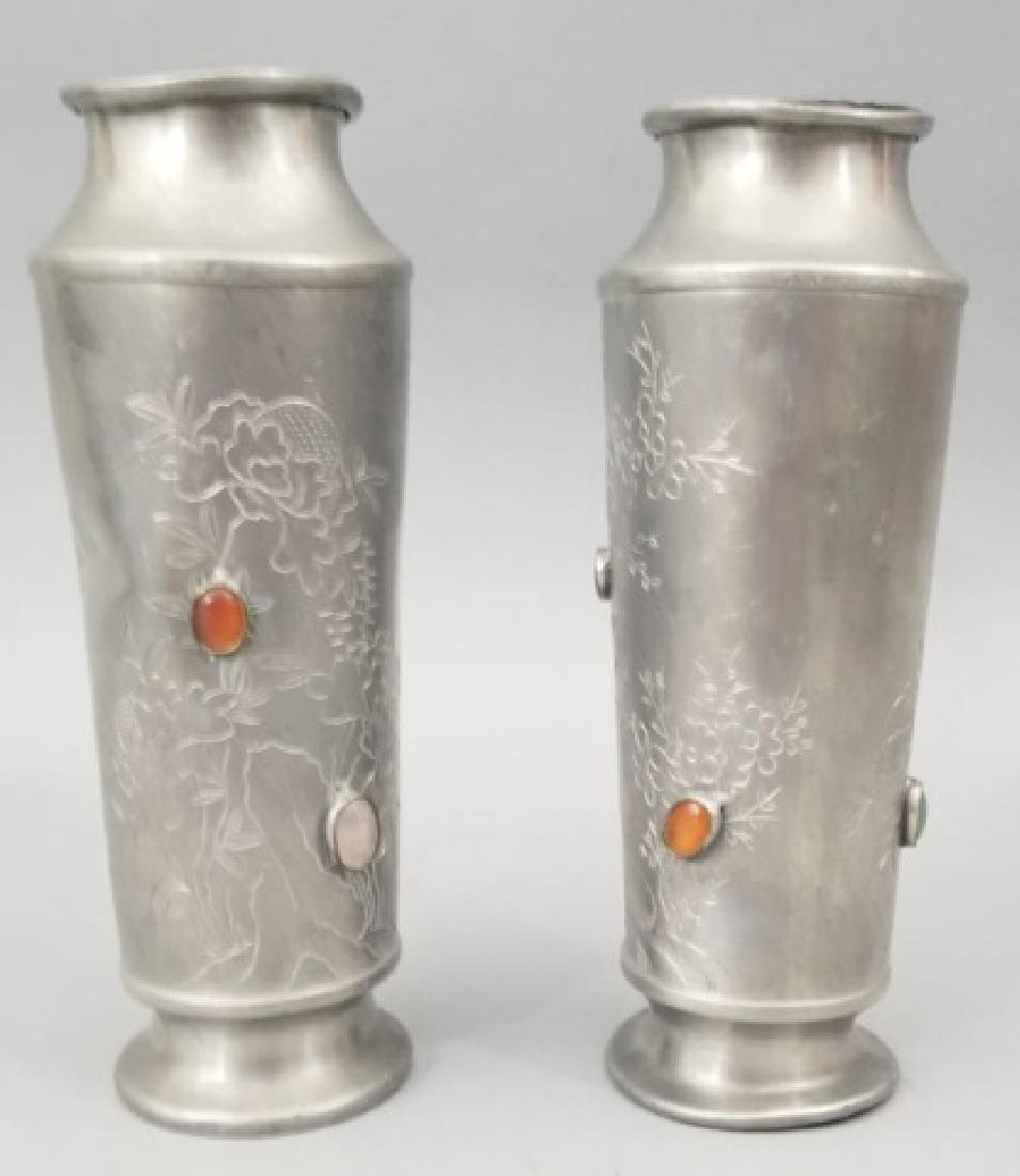 Antique / Vintage Chinese Cabochon Stone Vases: Antique / Vintage Chinese Cabochon Stone Vases. Engraved with floral / trees design and set with oval cabochon stones. Each measures 8.25 inches in height.