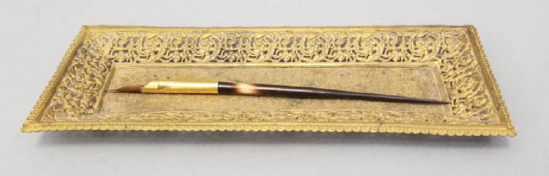 Antique 19th C Ormolu Desk Tray & Porcupine Pen: Antique 19th C Ormolu Desk Tray & Porcupine Quill Pen. Tray measures 8.5 inches in length.