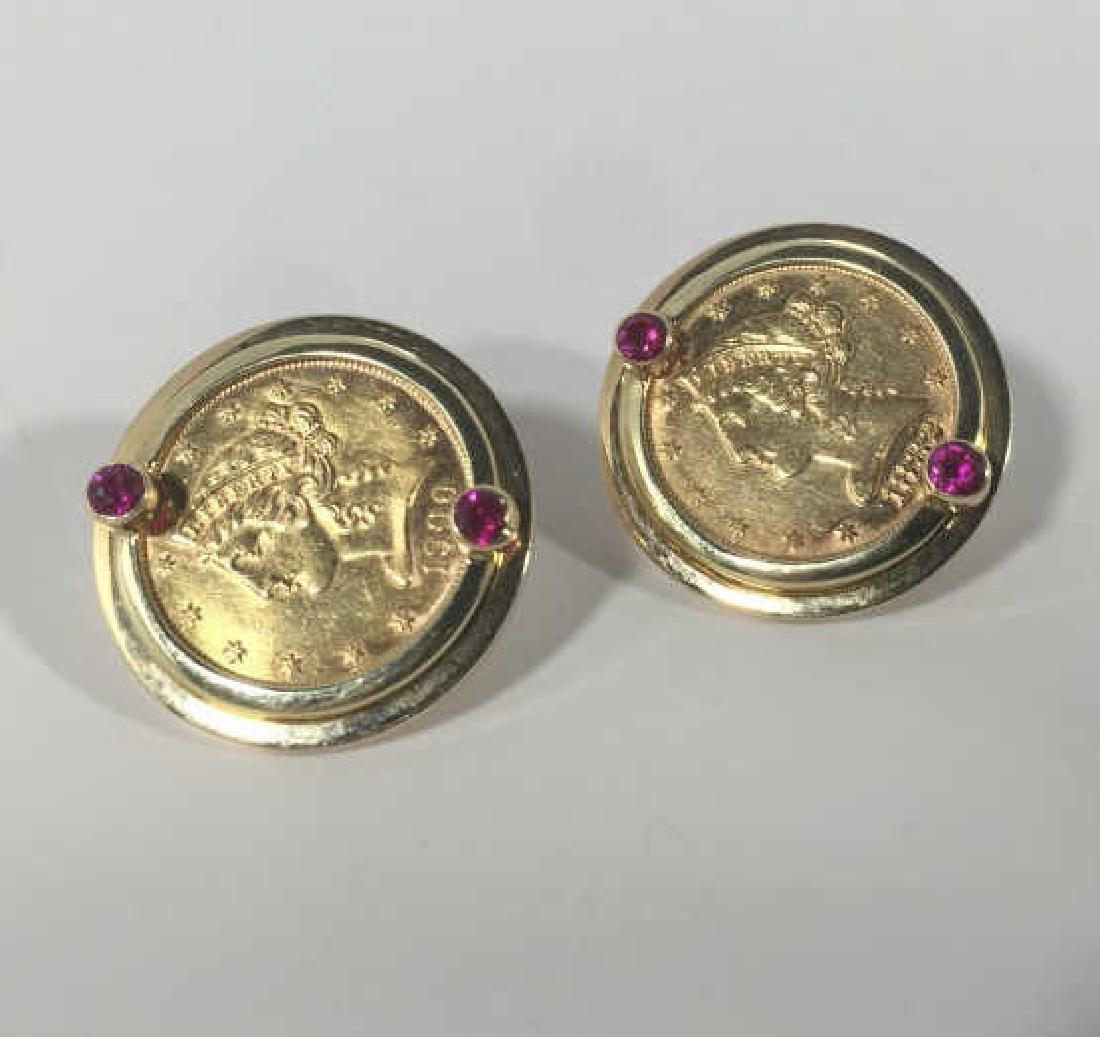 Estate 14k Gold & Ruby Earrings w $5 Gold US Coins (1 of 6)