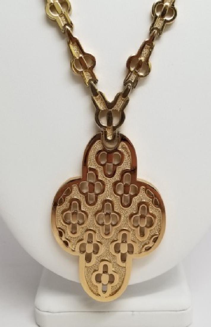 Monet Chunky Gilt Chain with Maltese Cross Pendant: Monet Chunky Gilt Chain with Maltese Cross Pendant, having openwork decoration and foldover clasp. Necklace measures 26 inches inclusive of drop pendant