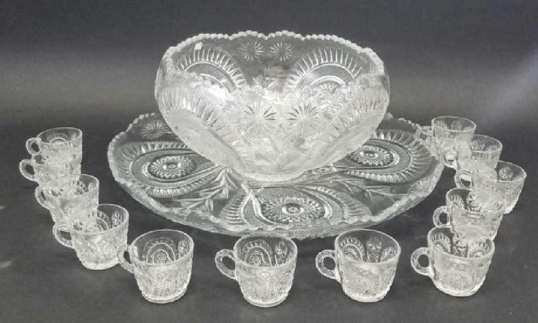 Large Cut Glass Punch Bowl Set, 12 Cups & Tray (1 of 8)