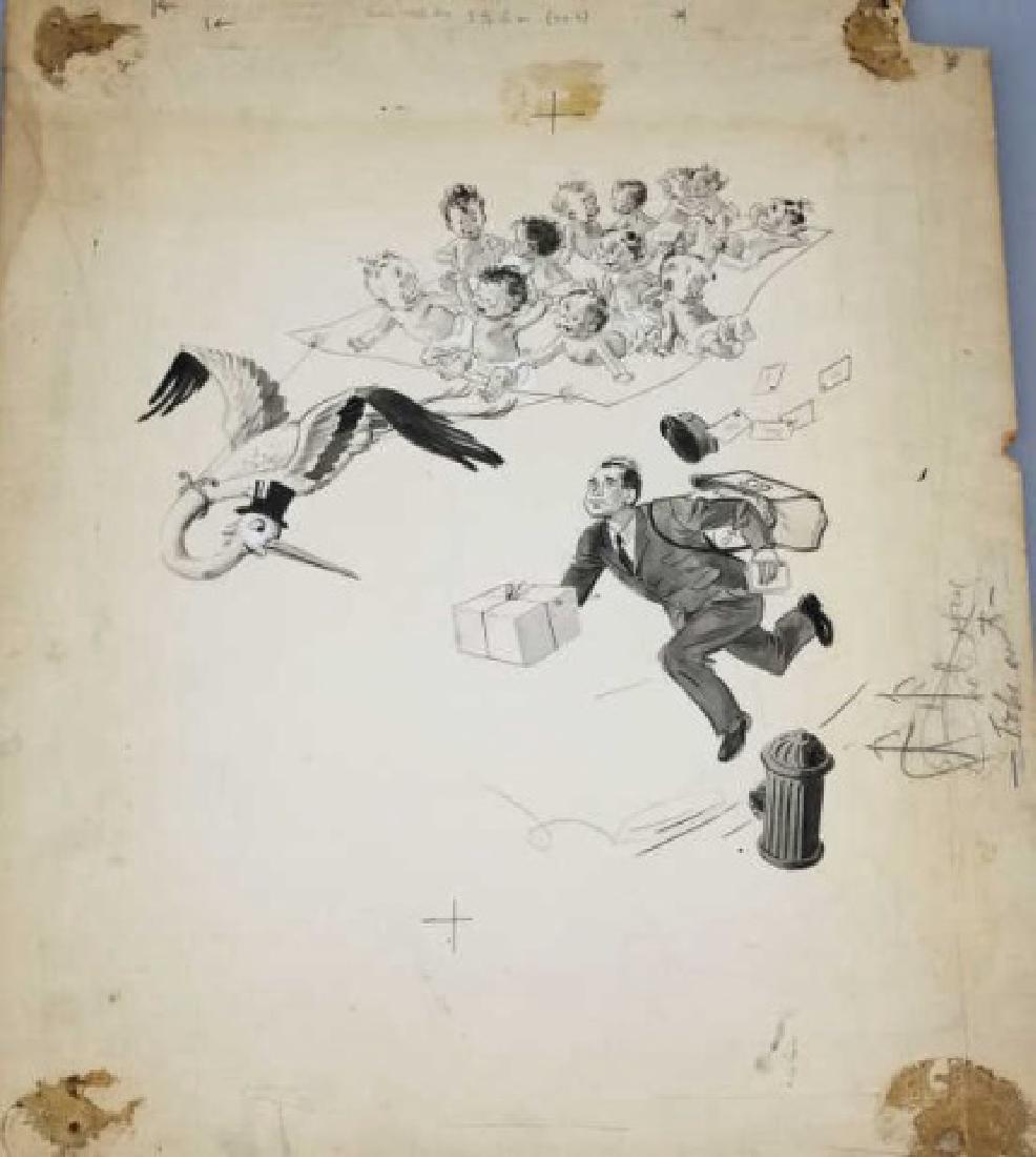 Grace Huntley Pugh Illustration of Babies & Stork: Illustration of Babies & Stork by Grace Huntley Pugh (1912 - 2010). This is an original illustration en grisaille of a Postman racing the Stork who is about to drop off a new baby. At the time this wa
