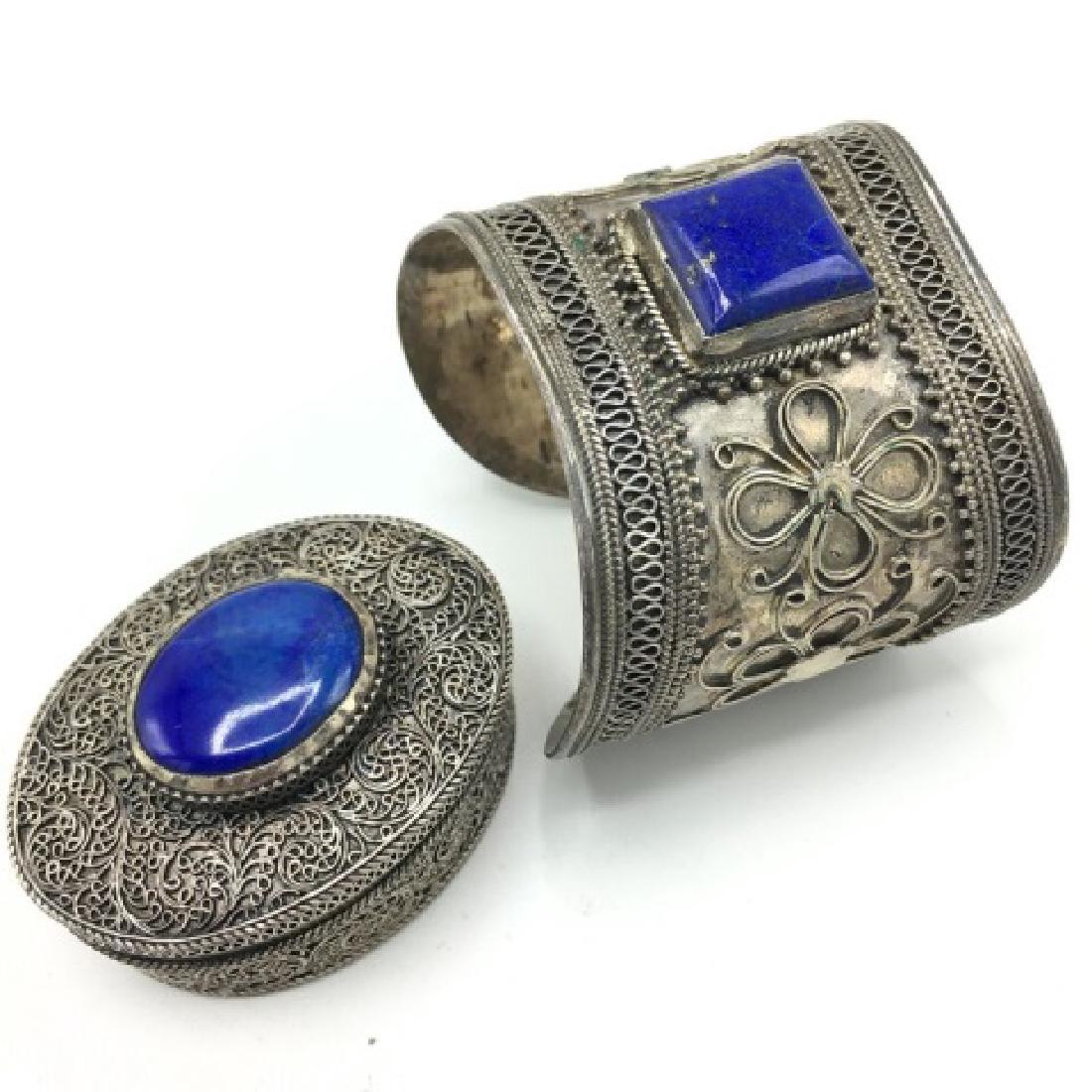 Vintage Silver Ethnic Cuff & Pill Box with Stones (1 of 3)