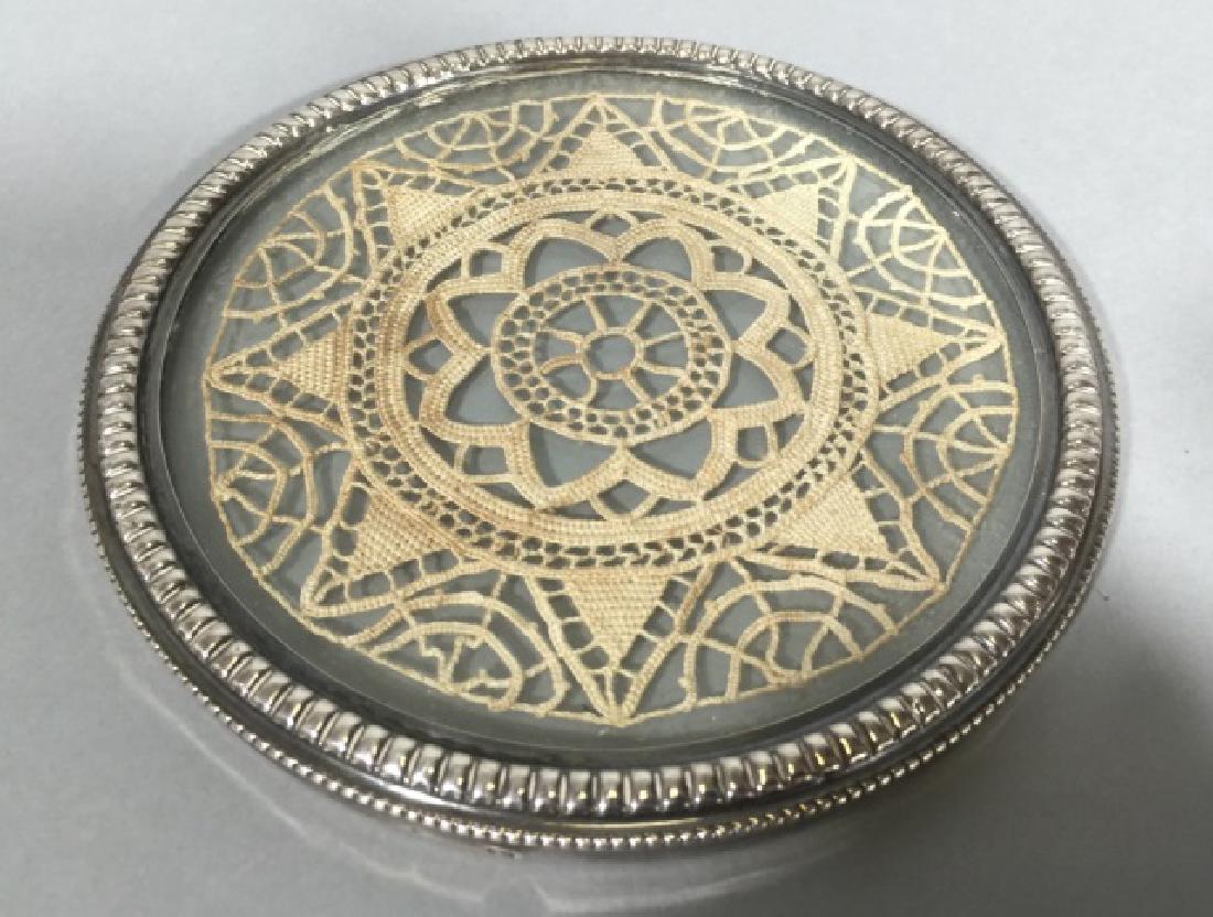 Antique Sterling Silver Glass & Lace Wine Coaster: Antique Sterling Silver Glass & Lace Wine or Champagne Bottle Coaster. Measures 5.75 inches in diameter.