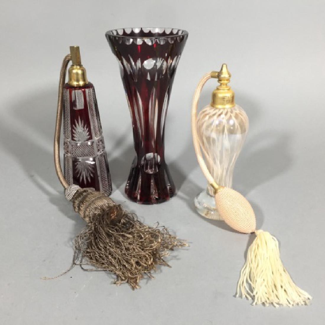 2 Art Glass Perfume Atomizers & 1 Art Glass Vase
