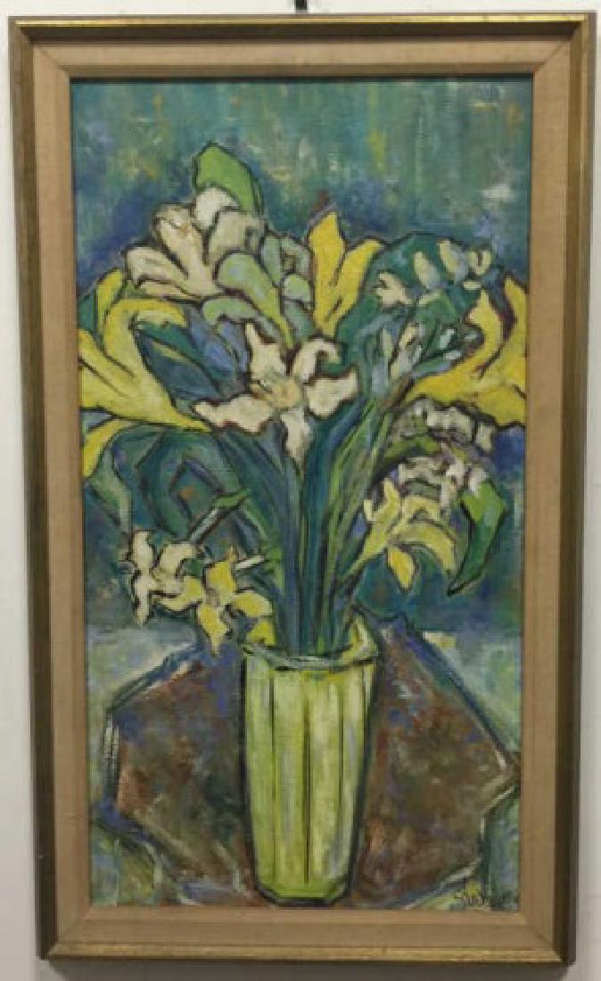 Mid Century Modern Oil on Canvas Vase of Flowers (1 of 5)