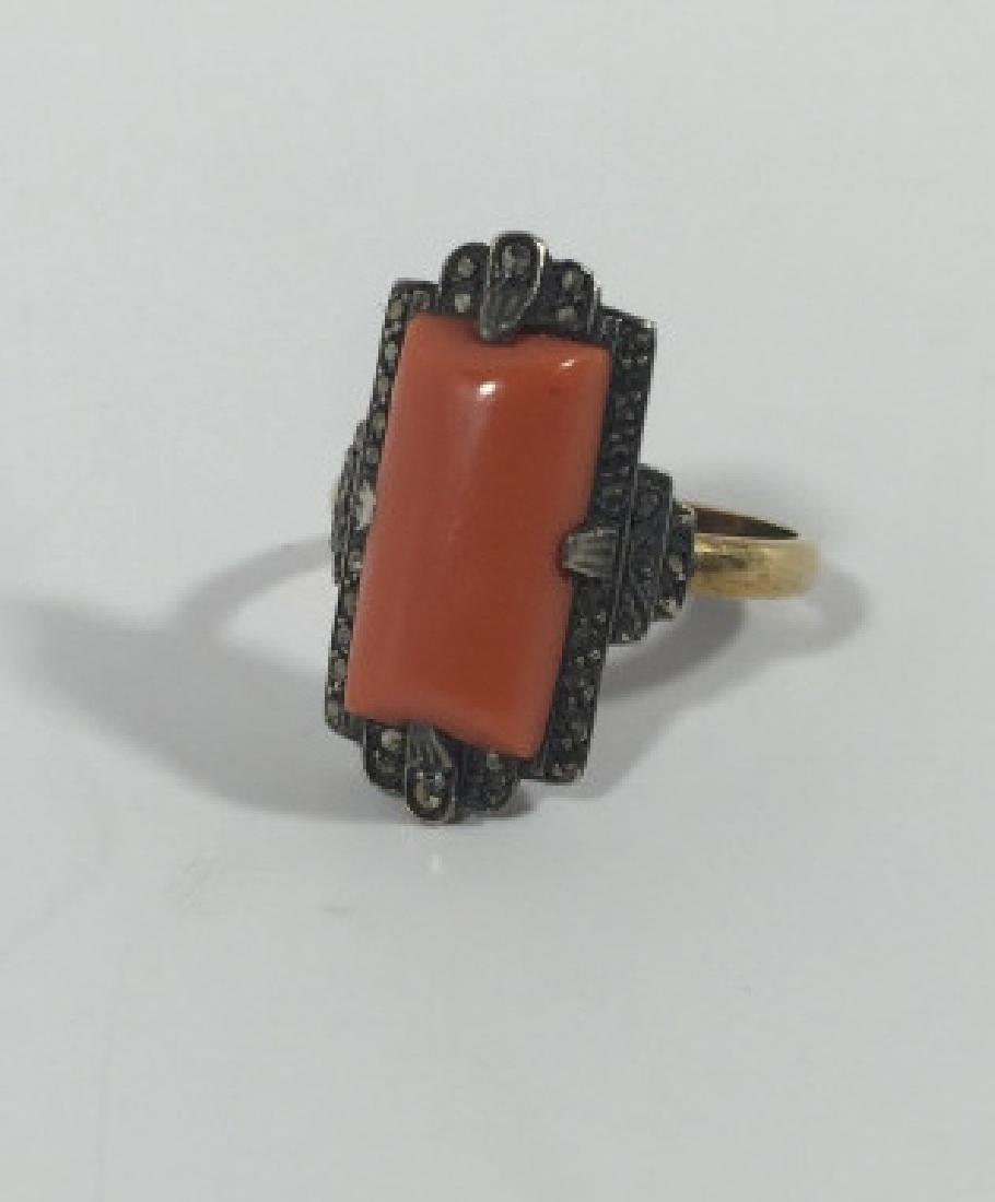 Antique Art Deco 14kt Gold Marcasite & Coral Ring: Antique Art Deco 14kt Gold Marcasite & Coral Ring. Ring size 6.5 can be resized. With a natural cabochon coral.