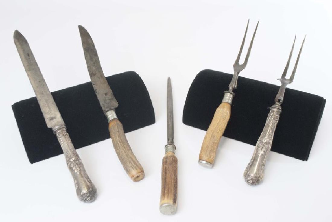 Tiffany & Co and Horn Mount Meat Serving Utensils: Tiffany & Co and Horn Mount Meat Serving Utensils. Two pieces signed Tiffany & Co. Three mounted with horn. Longest measures 14 inches in length.